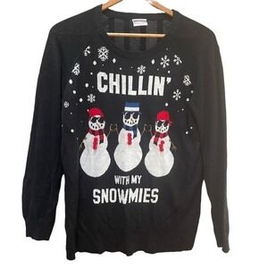 Christmas Sweater Holiday Party Chillin With My Snowmies Black Festive Womens LG